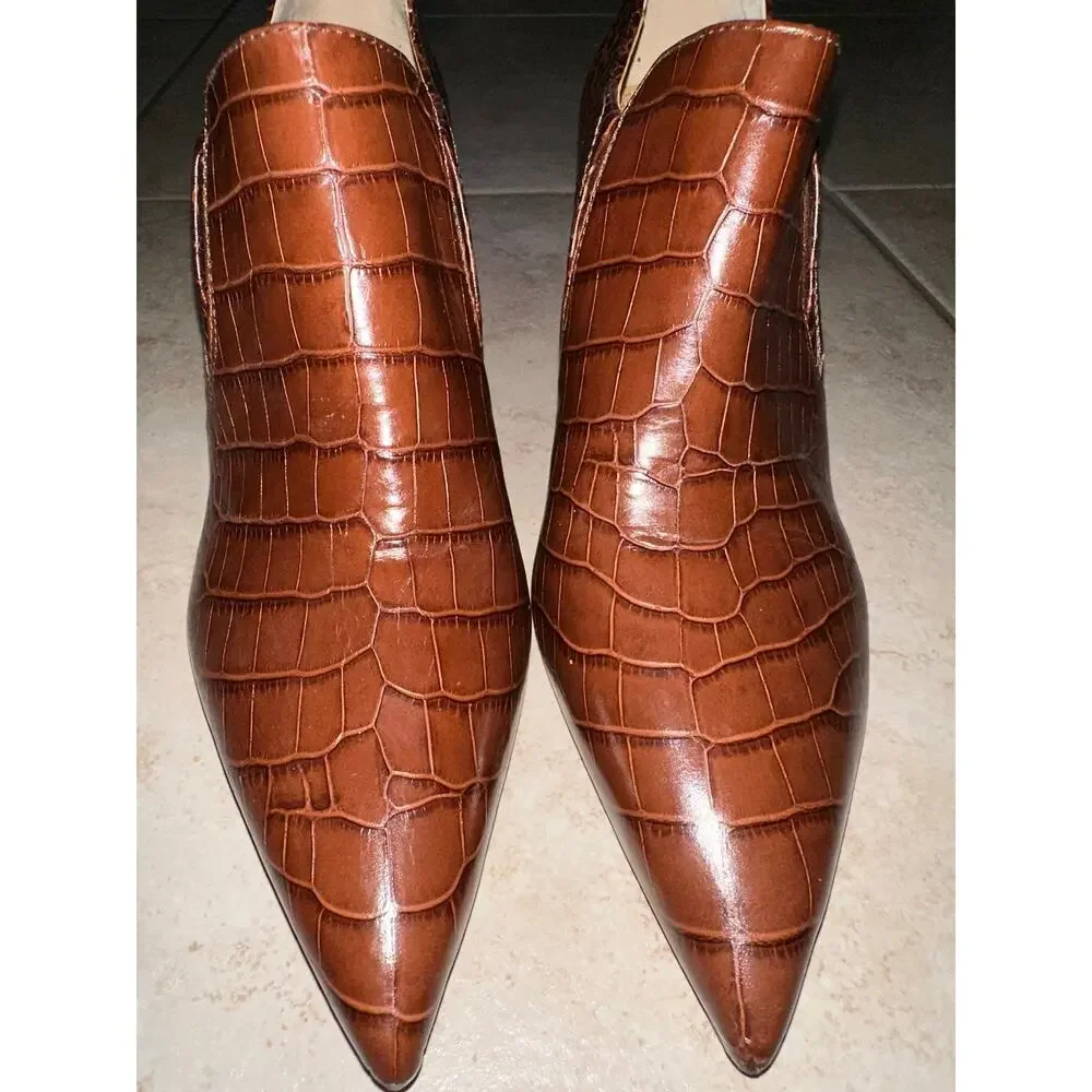 Tory Burch Georgina Brown Croc Embossed Pointed Toe Booties Women’s 8M